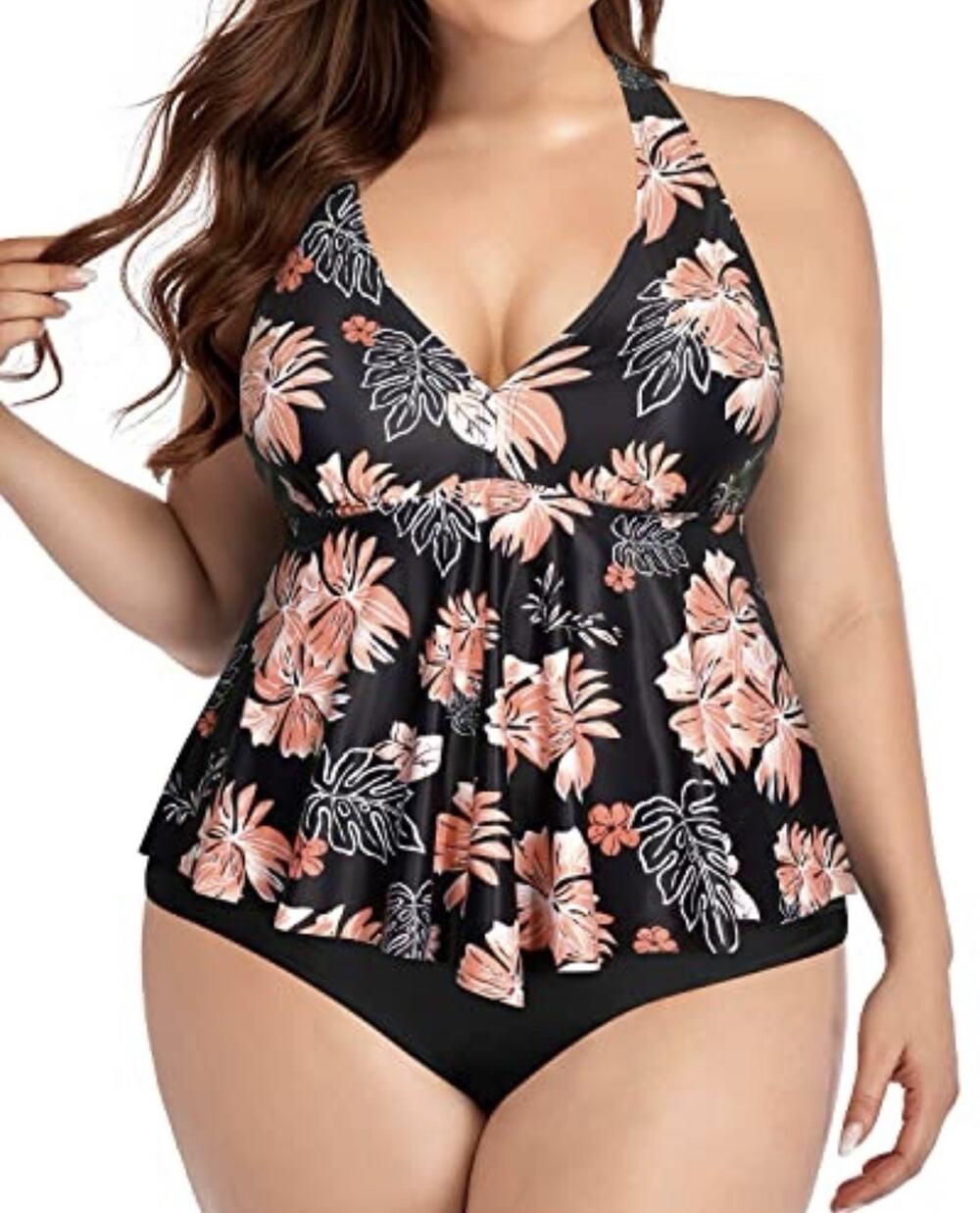Holipick Women’s Plus Size Halter Tankini Swimsuit -Black Orange Floral Size 20W